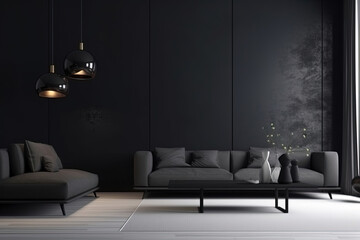 Elegant, dark-themed living room interior with space for customization