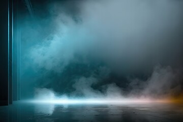 Fototapeta na wymiar Generative AI illustration of black wall texture rough background dark concrete floor. Abstract dark blue background, smoke, smog. Empty dark scene, neon light, spotlights. Concrete floor