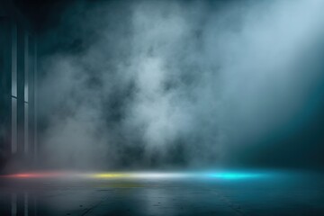 Generative AI illustration of black wall texture rough background dark concrete floor. Abstract dark blue background, smoke, smog. Empty dark scene, neon light, spotlights. Concrete floor
