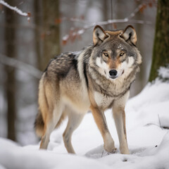 Fototapeta premium Grey Wolf In Snowy Forest
