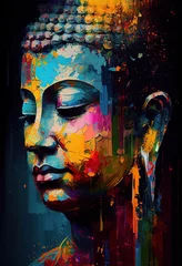 Foto auf Acrylglas Generative AI illustration of buddha, aura of energy, surreal fantasy, light flashing, beautiful light spectrum, bright white lotus flower, burning cloud-like petals, seawater. © CravenA