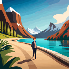 business man walking in nature