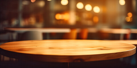 Fototapeta na wymiar a wooden table against a blurry background in an empty restaurant,