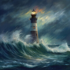 Naklejka premium Painting of A Lighthouse In Stormy weather
