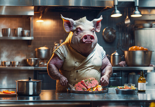 Pig chef in a restaurant kitchen made with Generative AI.
