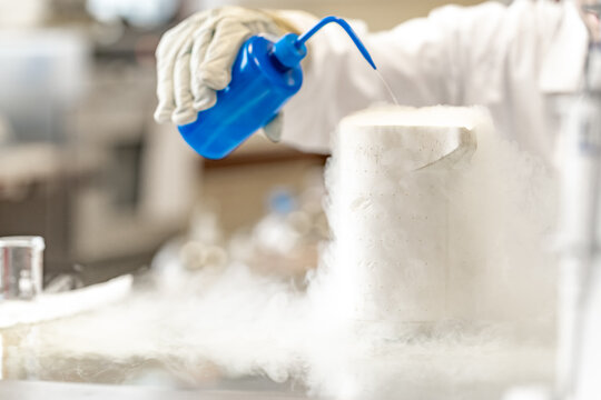 research with liquid nitrogen in a scientific laboratory. chemical reaction by mixing liquids