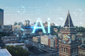 Fototapeta na wymiar Seattle aerial skyline panorama of downtown at day time, Washington USA. Artificial Intelligence concept, hologram. AI, machine learning, neural network, robotics