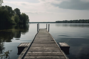 Fototapeta na wymiar Dock at the Lake: Photo of Scenic Waterfront lake. Ai generated.