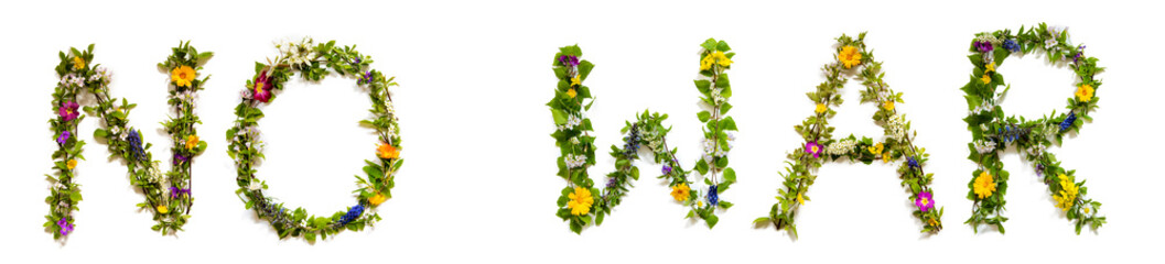 Colorful Flowers Building Word No War, Isolated Background