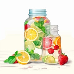 Jar Of Water Filled With Fruit And Greens