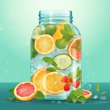 Jar Of Water Filled With Fruit And Greens