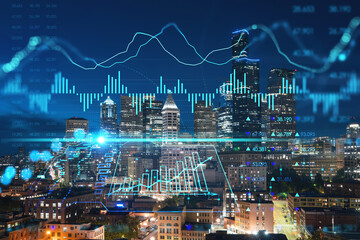 Fototapeta na wymiar Illuminated aerial cityscape of Seattle, downtown at night time, Washington, USA. Forex graph hologram. The concept of internet trading, brokerage and fundamental analysis