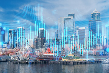 Fototapeta premium Skyscrapers Cityscape Downtown View, Seattle Skyline Buildings. Beautiful Real Estate. Day time. Forex Financial graph and chart hologram. Business education concept.