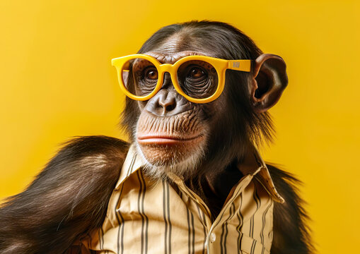 Cool monkey in sunglasses posing in front of a yellow background. Despite being in an unfamiliar environment, the animal feels good. AI generated illustration.