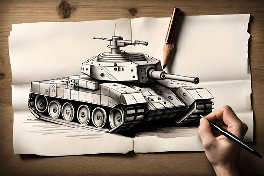Zerstörter Panzer mit Bleistift gezeichnet