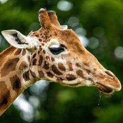 Close-up shot of a giraffe head in a green blur