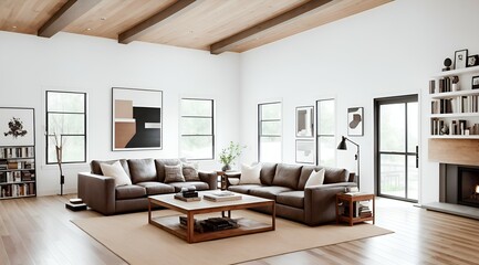 Fototapeta premium Photo of a cozy living room with a fireplace, couch and coffee table
