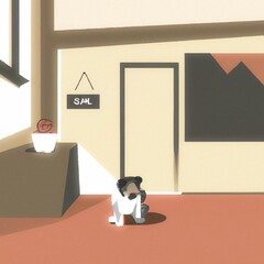 Minimalist illustration of a dog sitting in the living room of a house