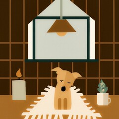 Minimalistic illustration of a dog laying on a carpet in a room