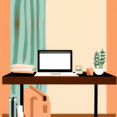 Illustration of a laptop books and a plant on a desk in a room