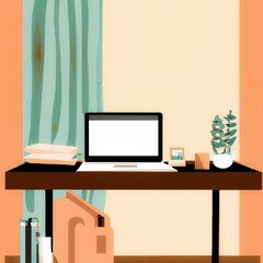 Fototapeta premium Illustration of a laptop books and a plant on a desk in a room