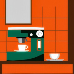 Cartoon styled furnished cool retro kitchen interior over a red background