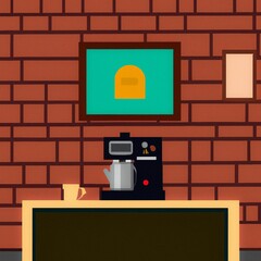 Illustration of a coffee machine on a table in a kitchen
