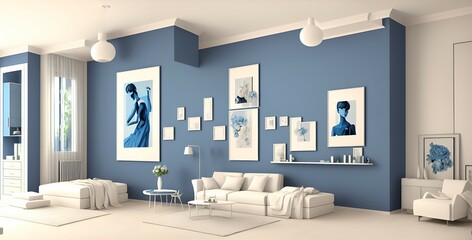 Photo of a modern living room with blue walls and white furniture