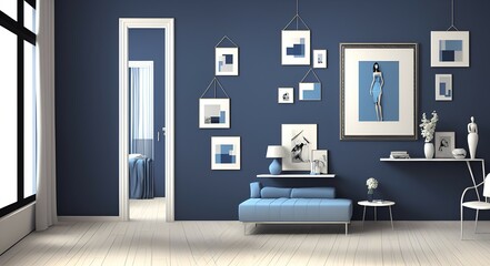 Photo of a cozy living room with blue walls and decorative wall art