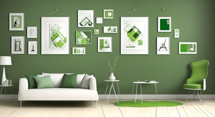 Photo of a cozy living room with vibrant green walls and stylish wall decor