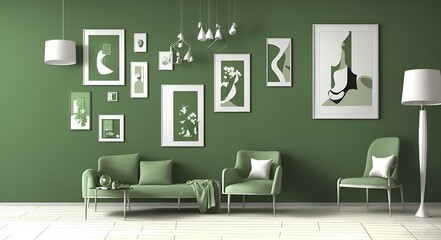 Photo of a cozy and modern living room with vibrant green walls and stylish wall art