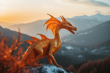 fantasy orange dragon on mountain landscape background