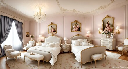 Photo of a cozy bedroom with soft pink walls and white furniture