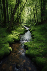 Obraz premium colorful green forest with stream