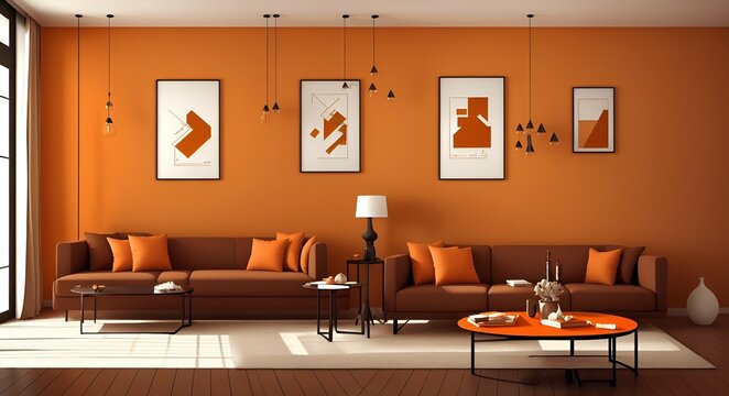 Photo of a cozy living room with warm orange walls and matching furniture