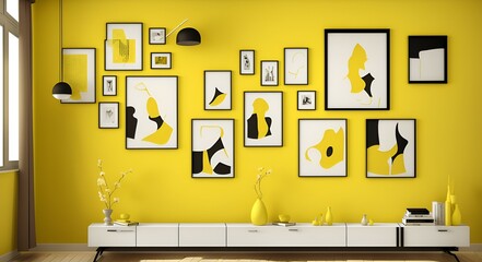Photo of a cozy living room with yellow walls and beautiful wall decor