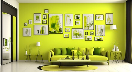 Photo of a cozy living room with green walls and tasteful wall art