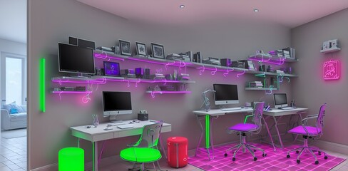Photo of a modern workspace with a computer desk and colorful neon lights