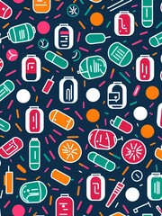 Photo of a colorful arrangement of various pills and medicine bottles