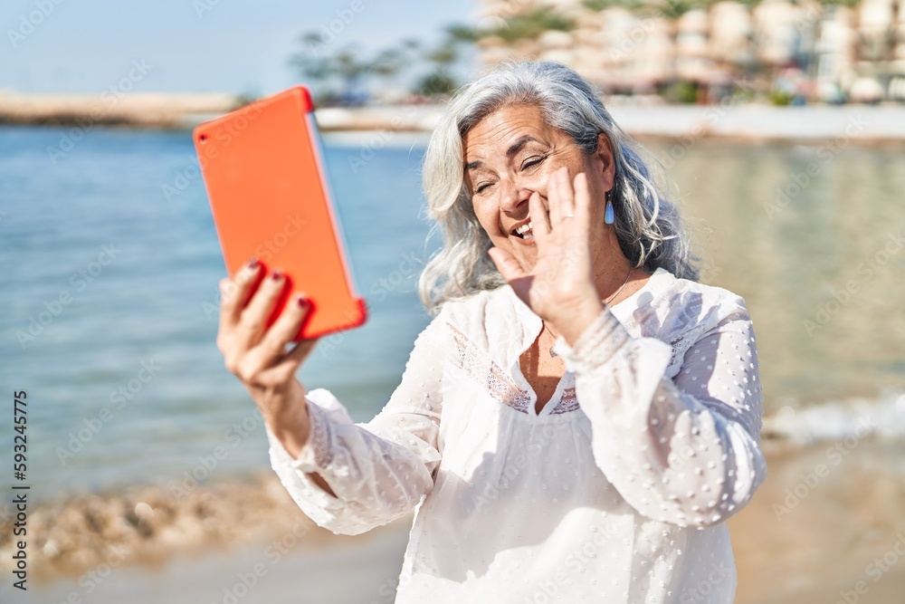 Poster Middle age woman smiling confident having video call at seaside