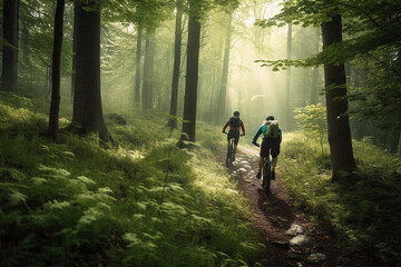 Biking in the Forest: illustration of Outdoor Adventure. Ai generated.