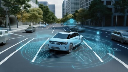 Smart car, self-driving fashion vehicle with radar signal system - obrazy, fototapety, plakaty