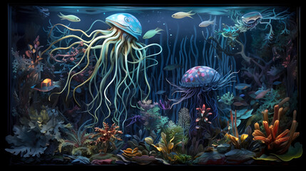 Naklejka premium 深海の幻想的な生態系 No.003 | Surreal Deep Sea Ecosystem Generative AI