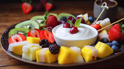 A colorful platter of fresh fruit skewers with a side of coconut yogurt dip - Generative AI