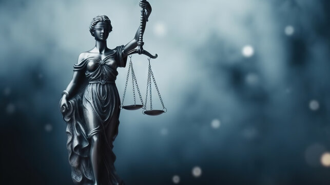 Bronze statue of the Goddess of Justice Themis, holding the Law Scales in her hands, on dark blue smoky background. Copy space. Based on Generative AI