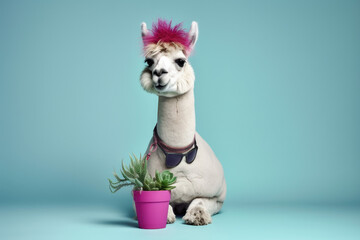 stylish Llama With a flowerpot on a blue background, Generative AI