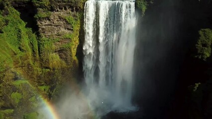 4K close-up Aerial drone footage of Skogafoss Waterfall with a rainbow and seagull in the South of Iceland. Skogafoss, Iceland's famous Ring Road waterfall. View of Skogafoss.