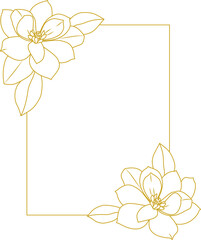 Gold frame with magnolia flowers. Line art illustration. Wedding card.