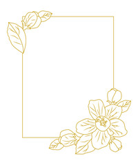 Gold frame with apple flowers and leaves. Line art illustration. Wedding card.