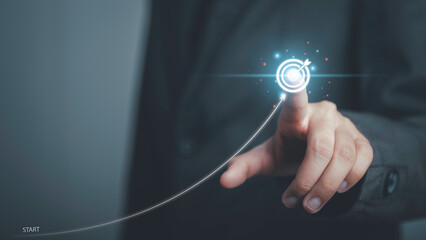 Development to success and growing growth to target business concept. Businessman drawing  arrow line plan from start to top success. Corporate future Goals, ambition, achievement and challenges.